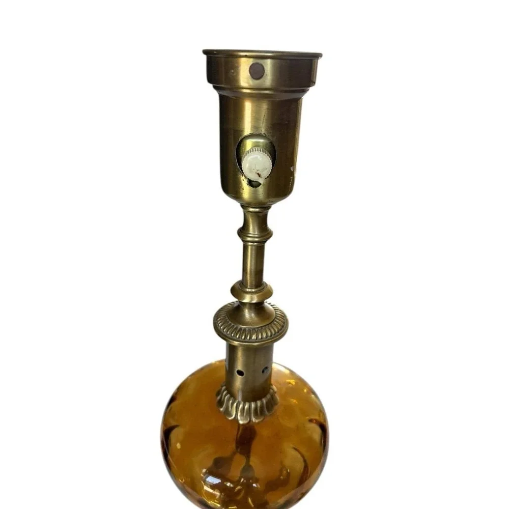 Mid-Century Modern Hollywood Regency Amber Glass Globe Brass Wood Table Lamp 21